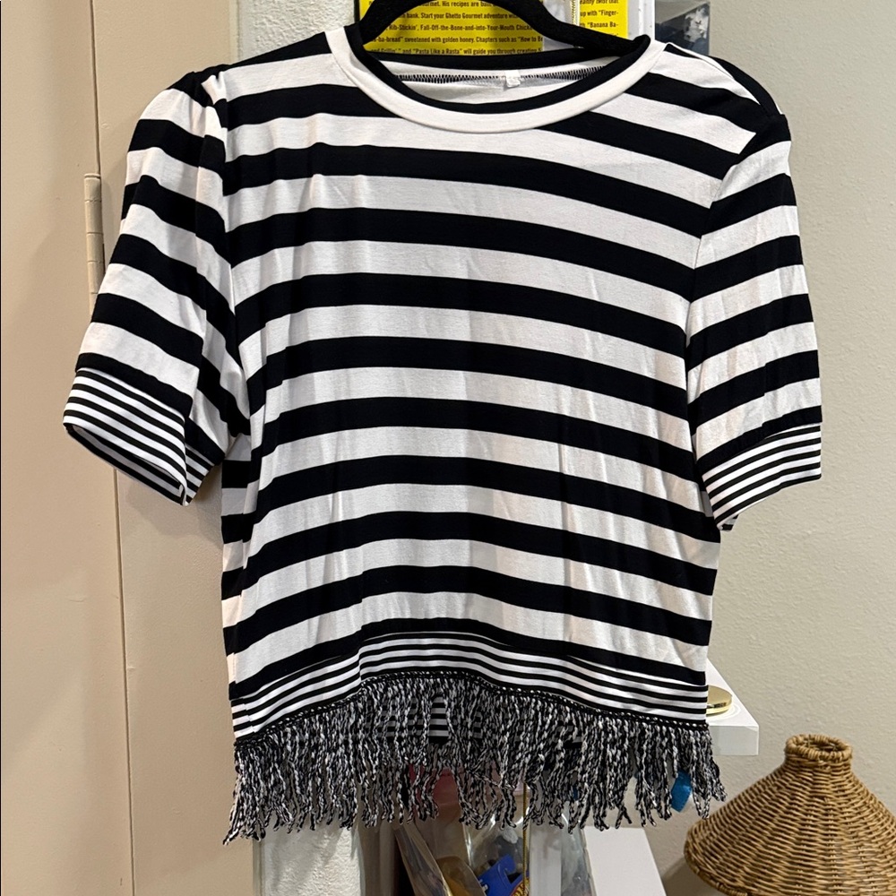 Black & White Striped Fringe Hem Crop Top